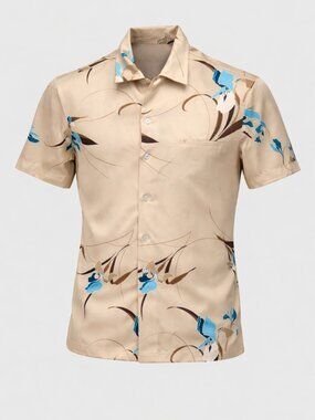 Mark Raysten Hawaiian Shirt Mens Large Tan Aloha Button Up Floral